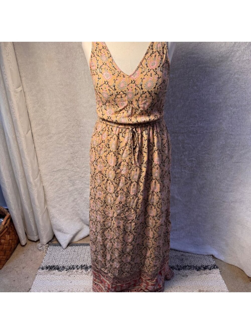 Lucky Brand medium beige Floral Boho Maxi Dress V-Neck & Adjustable Waist Tie